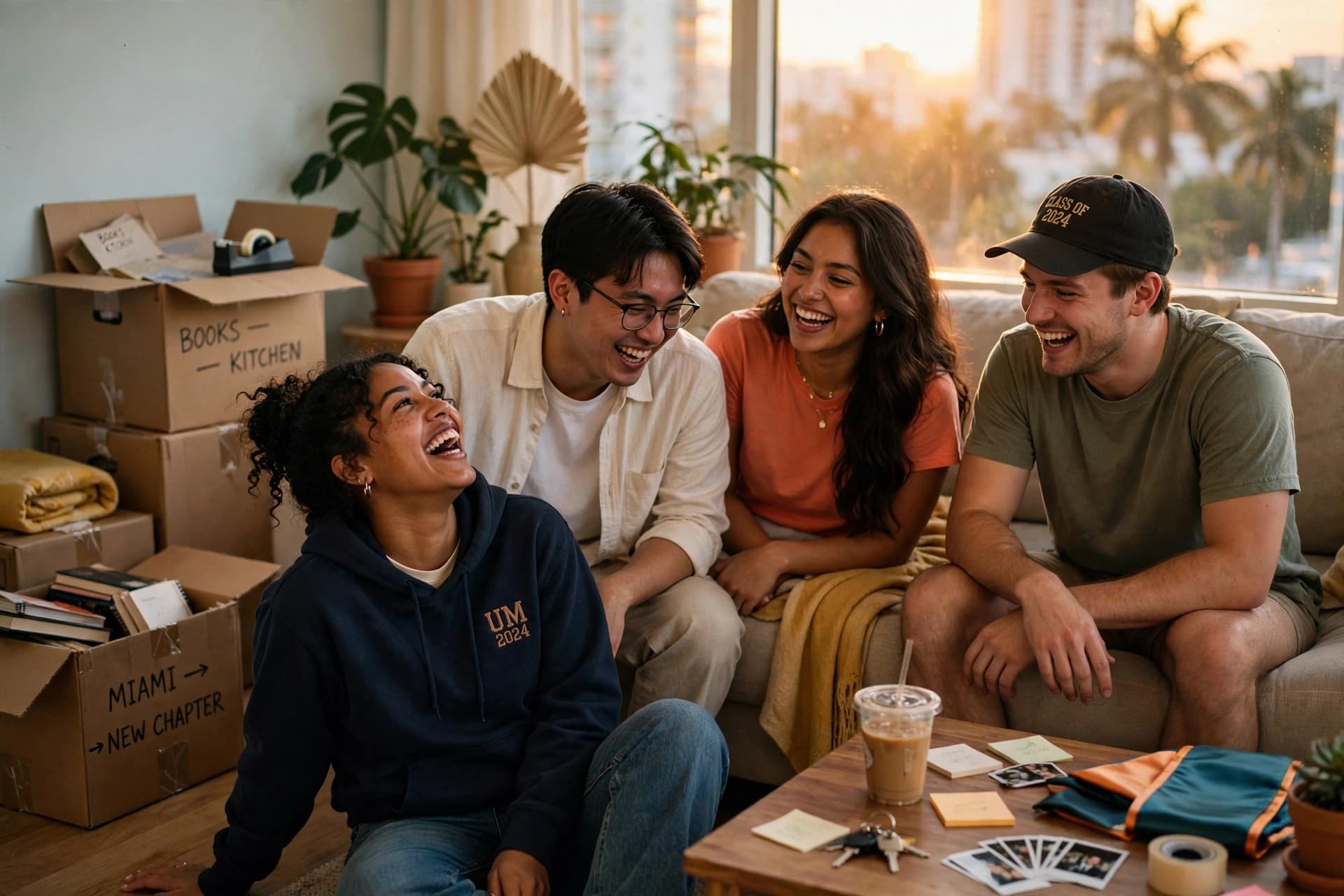 Roommates laughing together in their new apartment